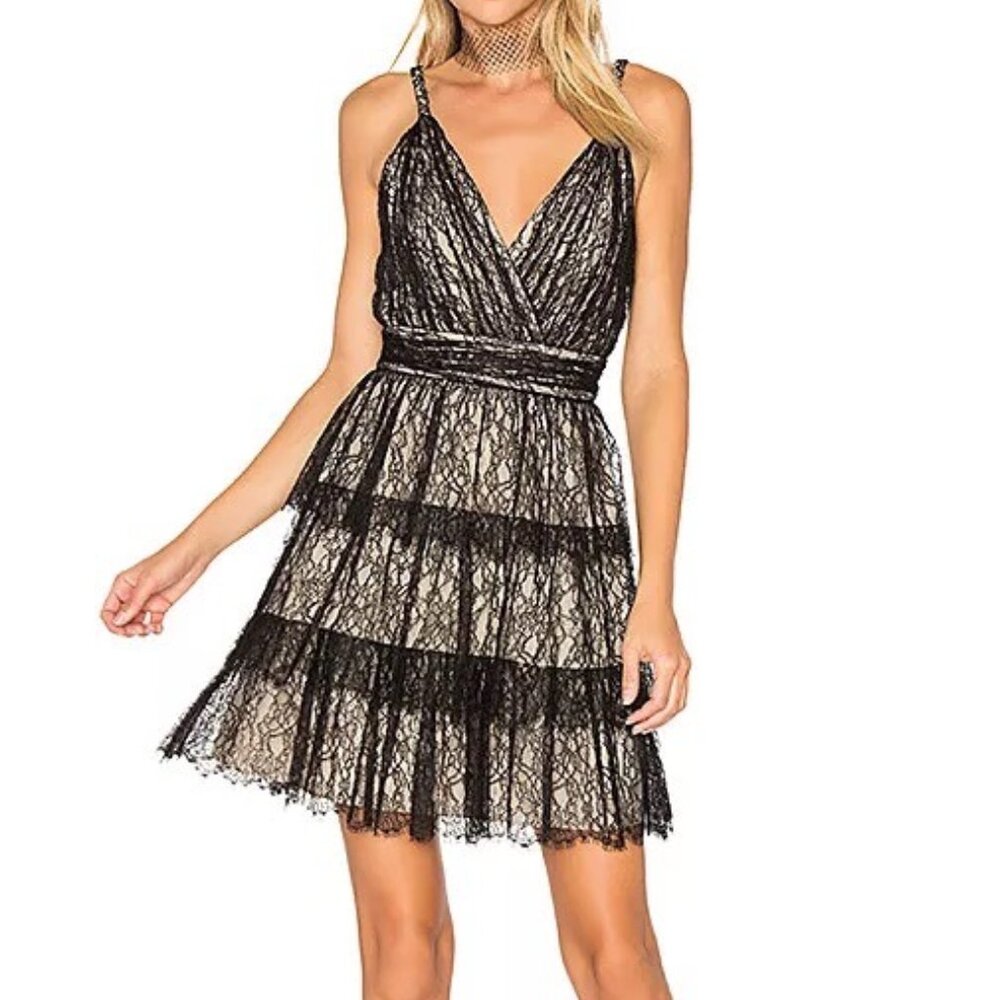 NWT $695 Alice & Olivia Tiered Lace Mini Dress, in Black Sesame on Nude, Sz 4